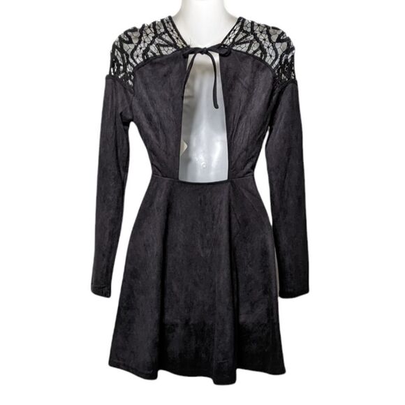 NWT SELFIE LESLIE Faux Suede Lace Cutout Back Skater Dress S - Picture 5 of 9